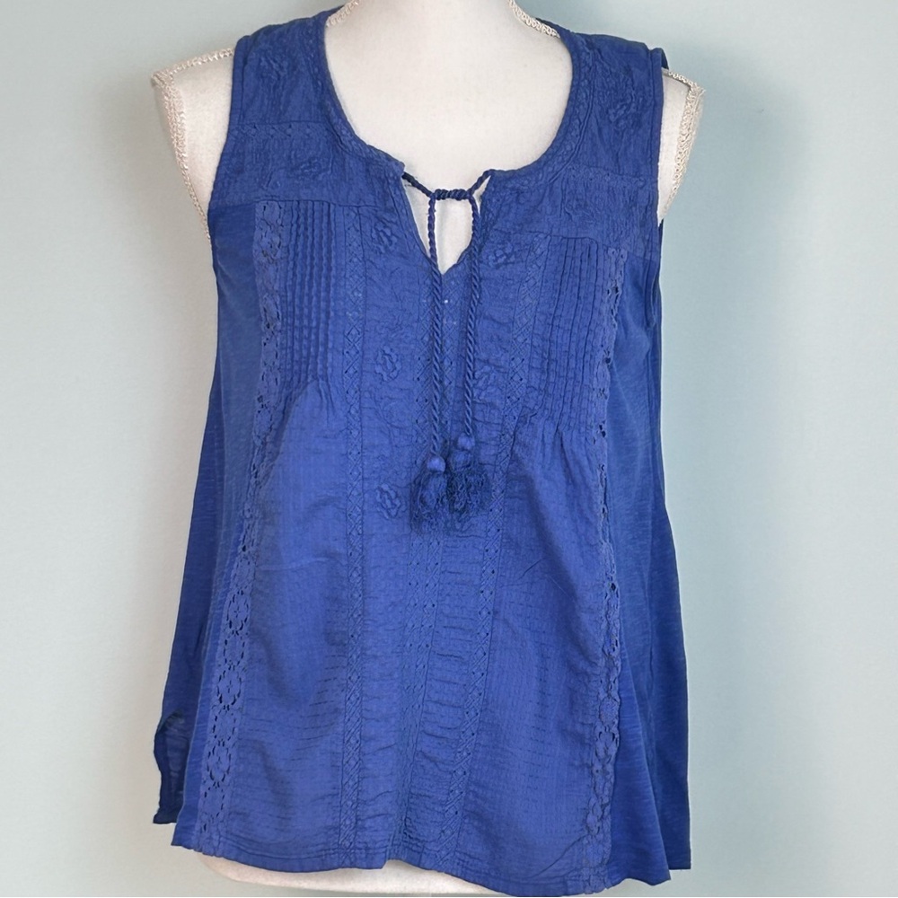 Lucky Brand Royal Blue Sleeveless Blouse With Tassle Tie